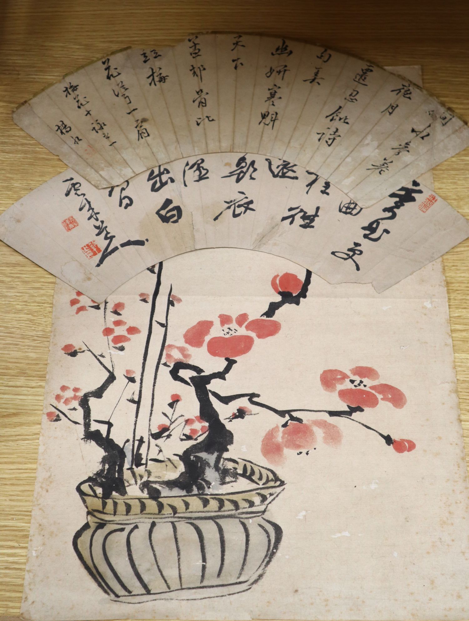 A Chinese watercolour, potted plant, height 56cm and two similar fan-shape script panels, width 44cm